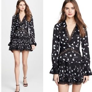 $450.Self Portrait NWT Black Abstract Geo Long Sleeve Ruffle Accent Mini Size 6